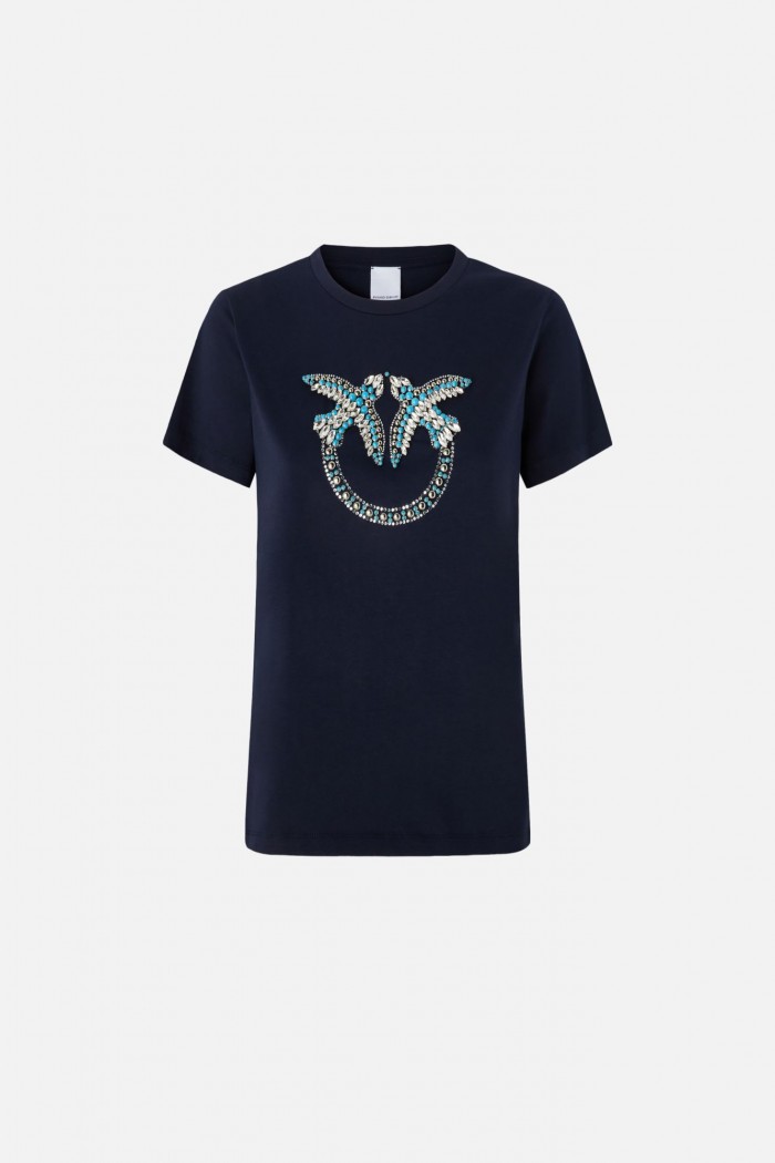 T-SHIRT CON RICAMO LOGO LOVE BIRDS IN CRISTALLI BLU PINKO