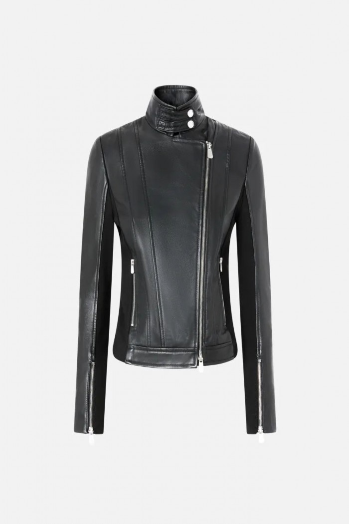 GIUBBINO BIKER IN PELLE CON RETRO IN TESSUTO PINKO