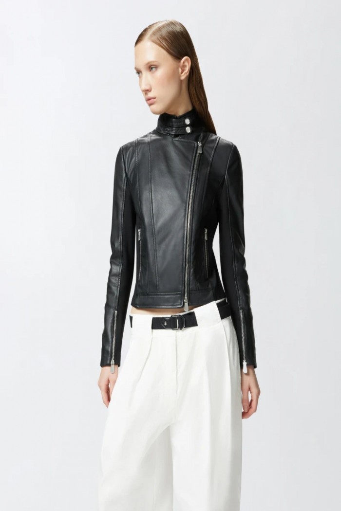 GIUBBINO BIKER IN PELLE CON RETRO IN TESSUTO PINKO