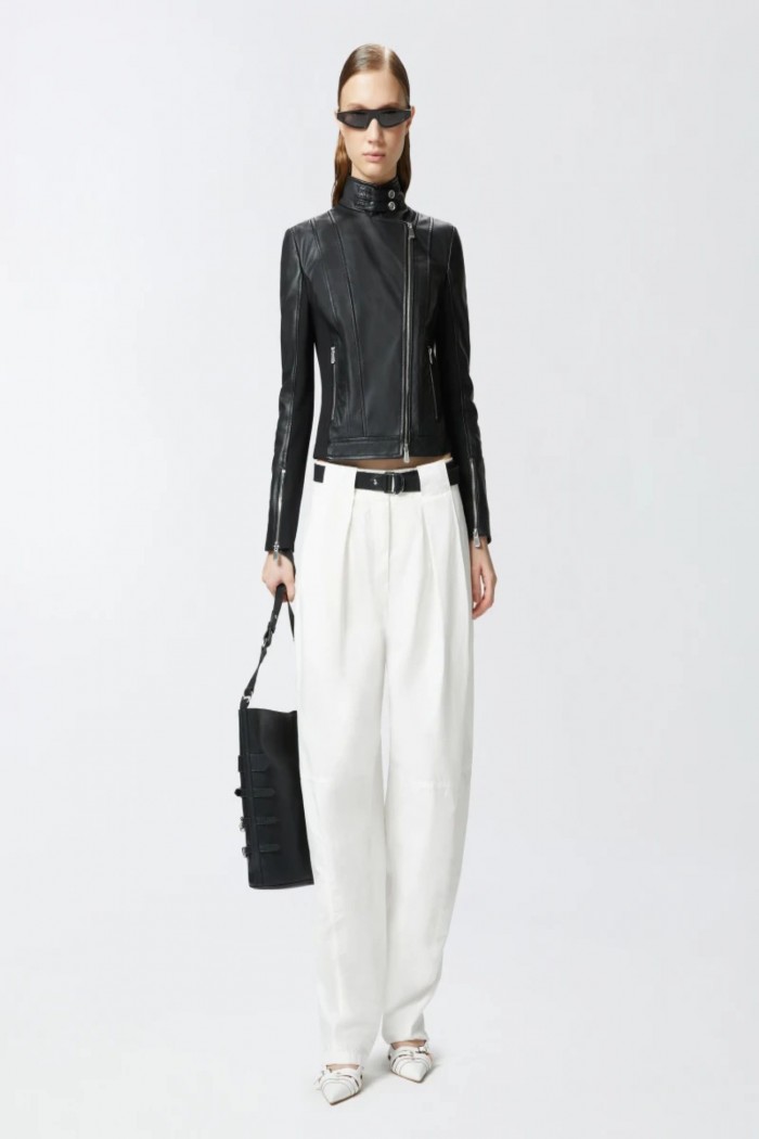 GIUBBINO BIKER IN PELLE CON RETRO IN TESSUTO PINKO