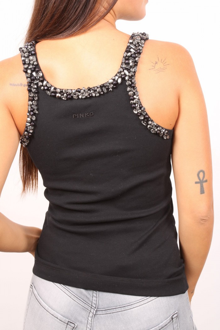 CANOTTA COSTINA COTONE CON CRISTALLI E PERLE PINKO