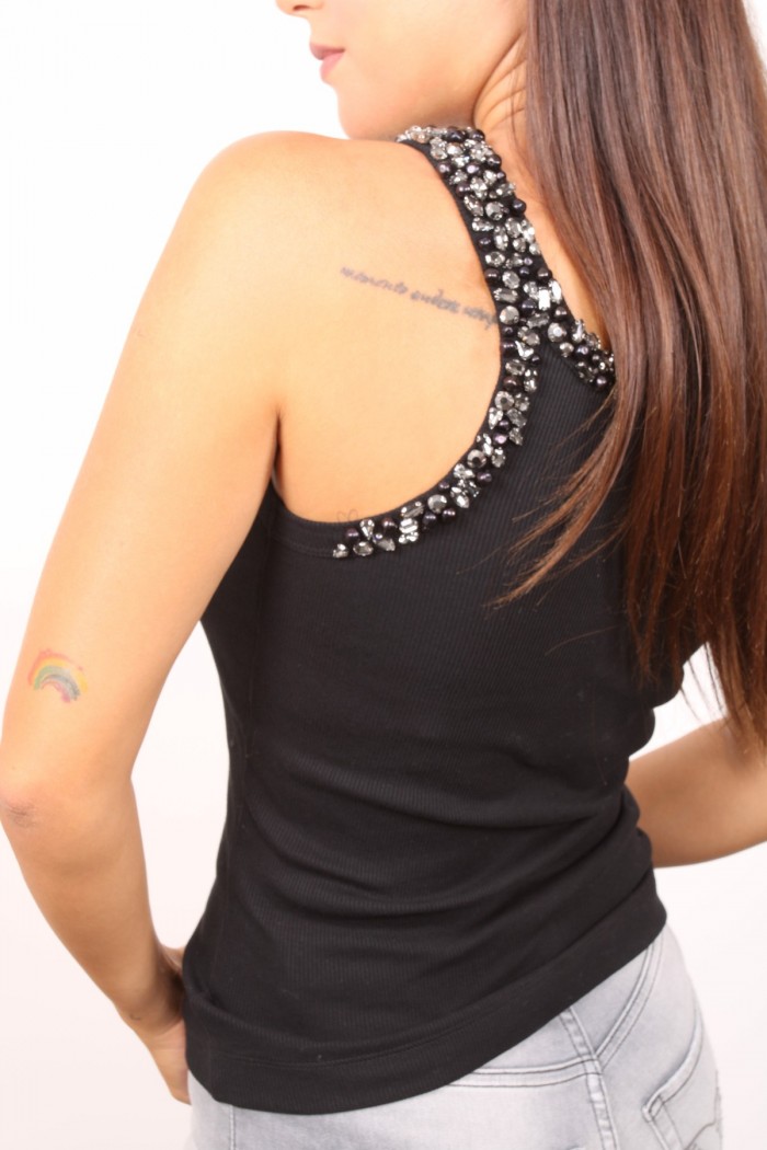 CANOTTA COSTINA COTONE CON CRISTALLI E PERLE PINKO