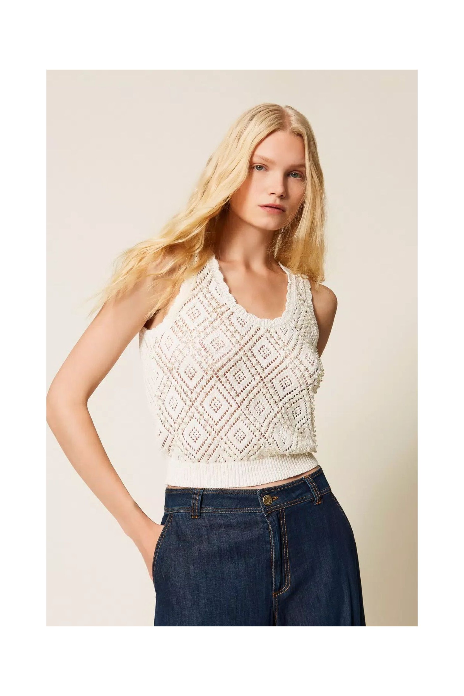 TOP IN MAGLIA PUNZONATA CON PERLE TWINSET