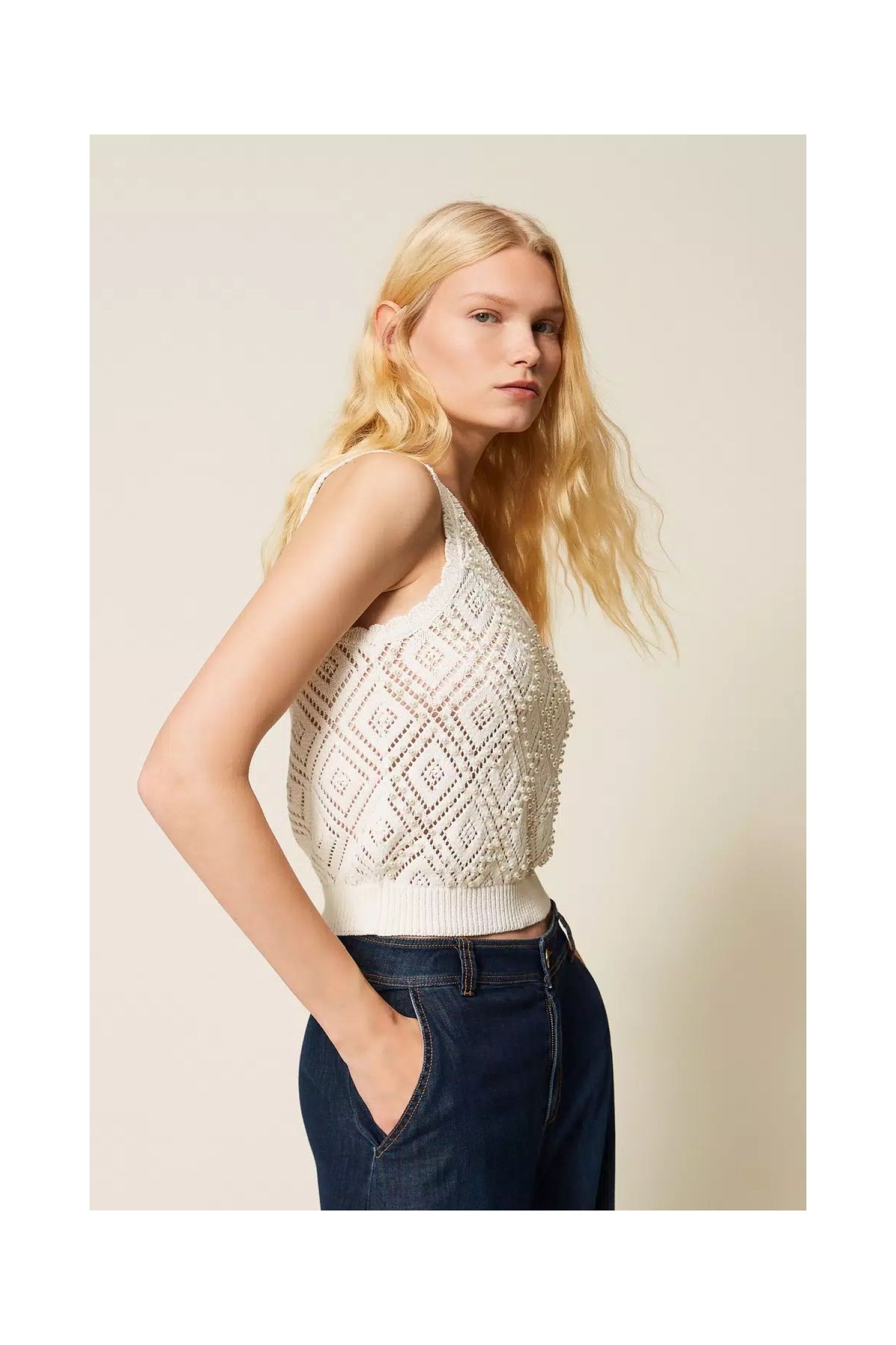 TOP IN MAGLIA PUNZONATA CON PERLE TWINSET