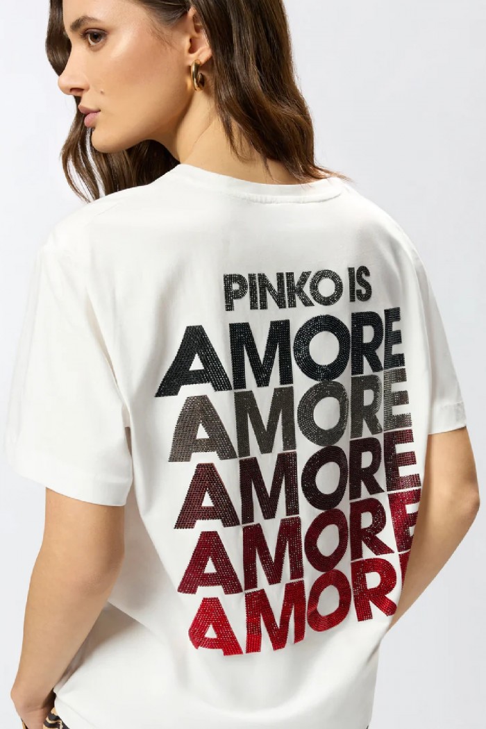 T-SHIRT CON LETTERING AMORE IN STRASS PINKO