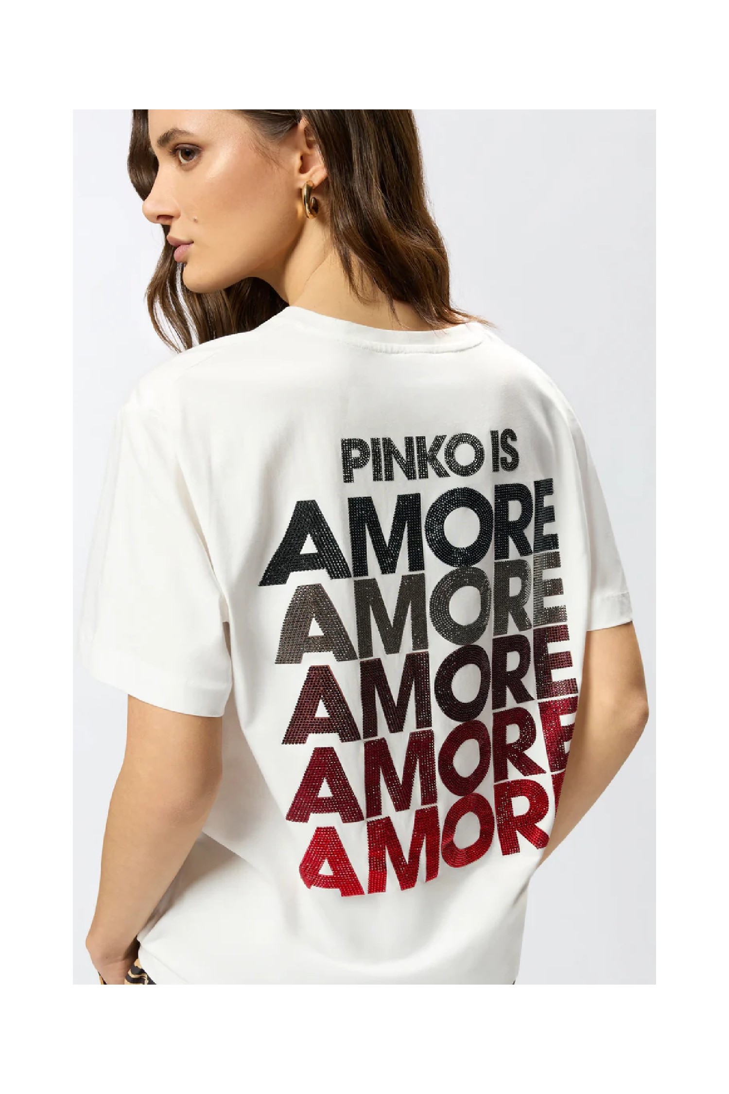 T-SHIRT CON LETTERING AMORE IN STRASS PINKO