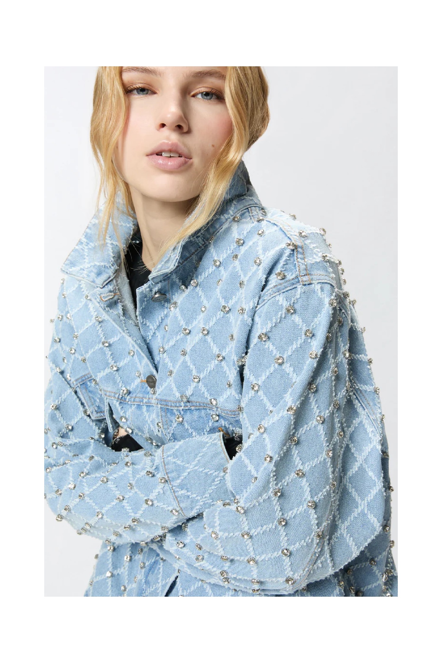 GIUBBINO IN DENIM CON DISEGNO ROMBI E STRASS PINKO