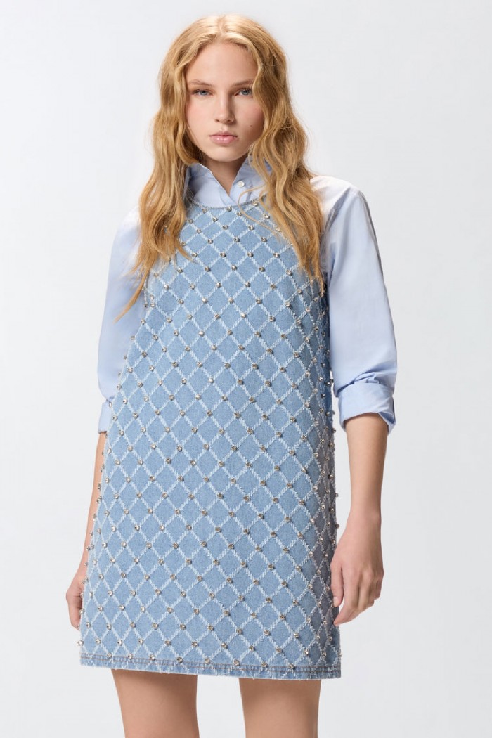ABITO CORTO IN DENIM CON DISEGNO ROMBI E STRASS PINKO