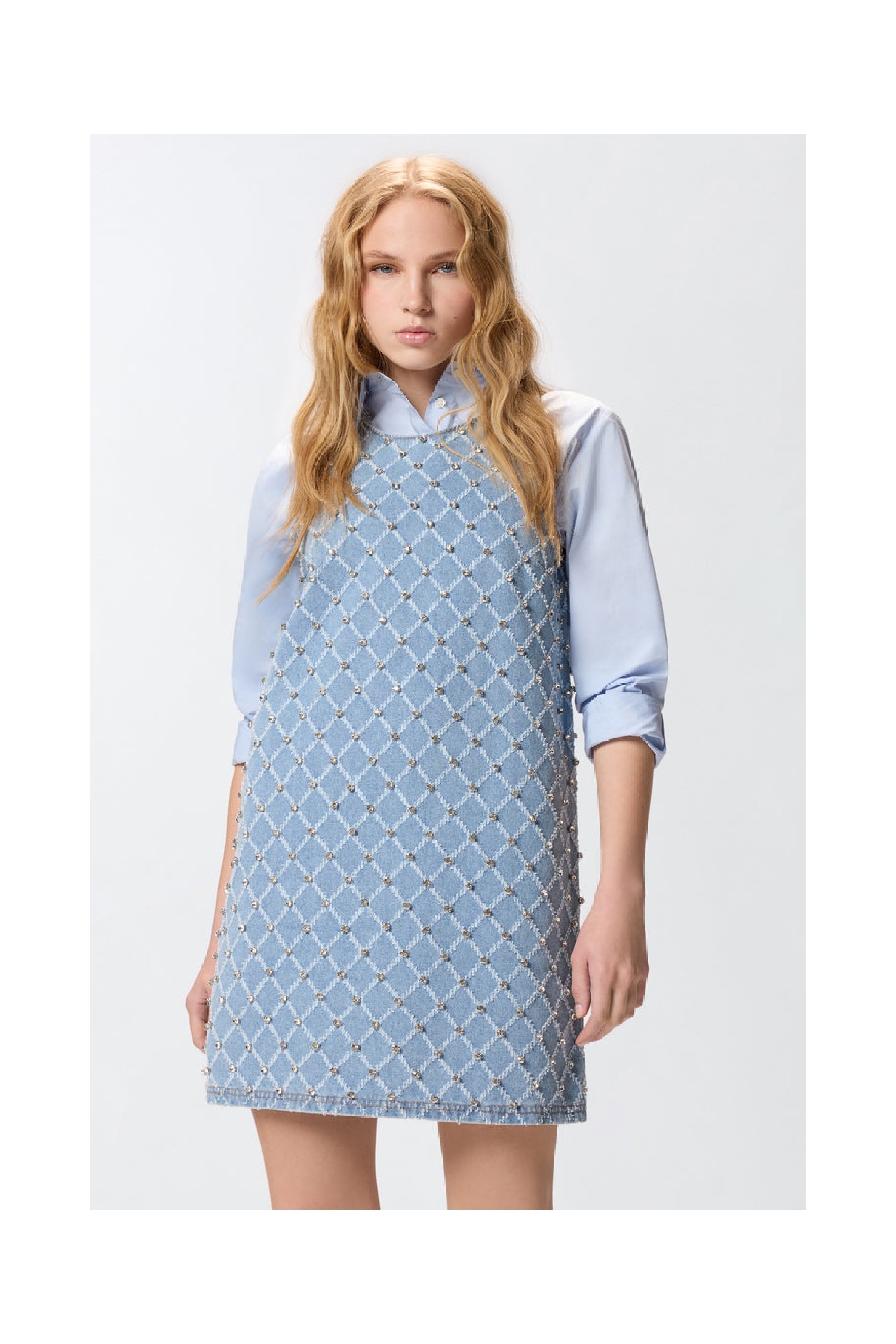 ABITO CORTO IN DENIM CON DISEGNO ROMBI E STRASS PINKO