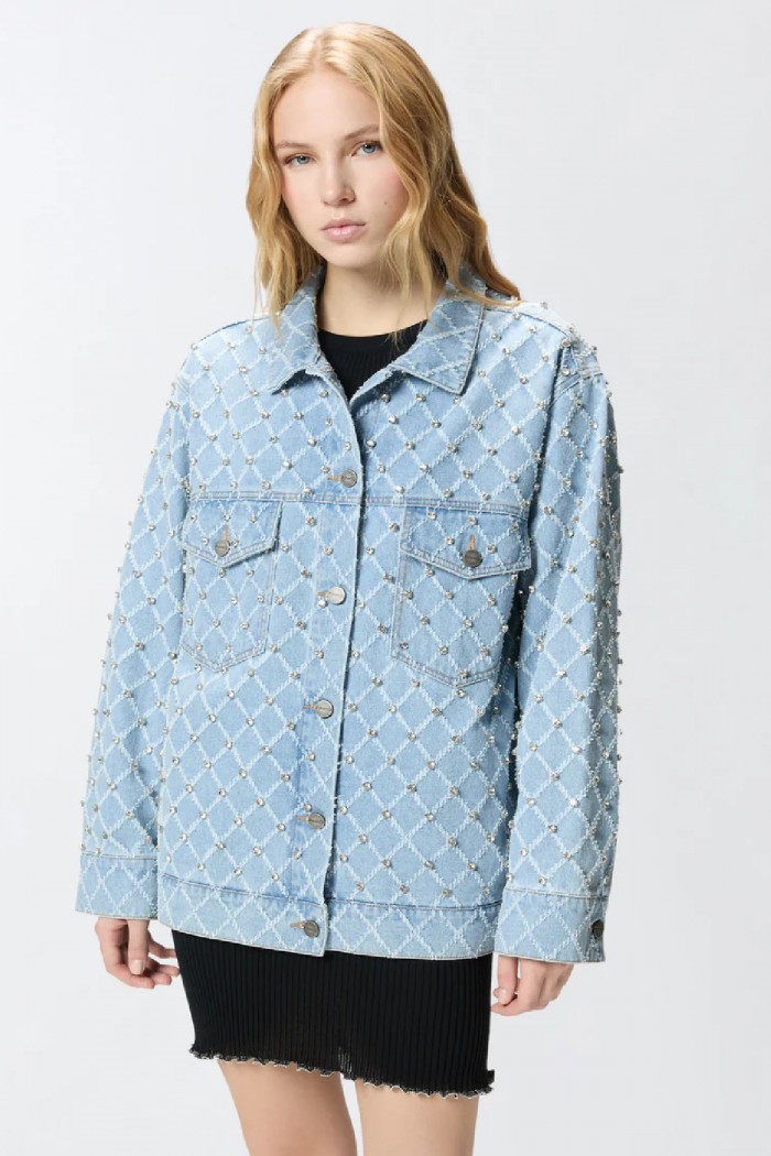 GIUBBINO IN DENIM CON DISEGNO ROMBI E STRASS PINKO