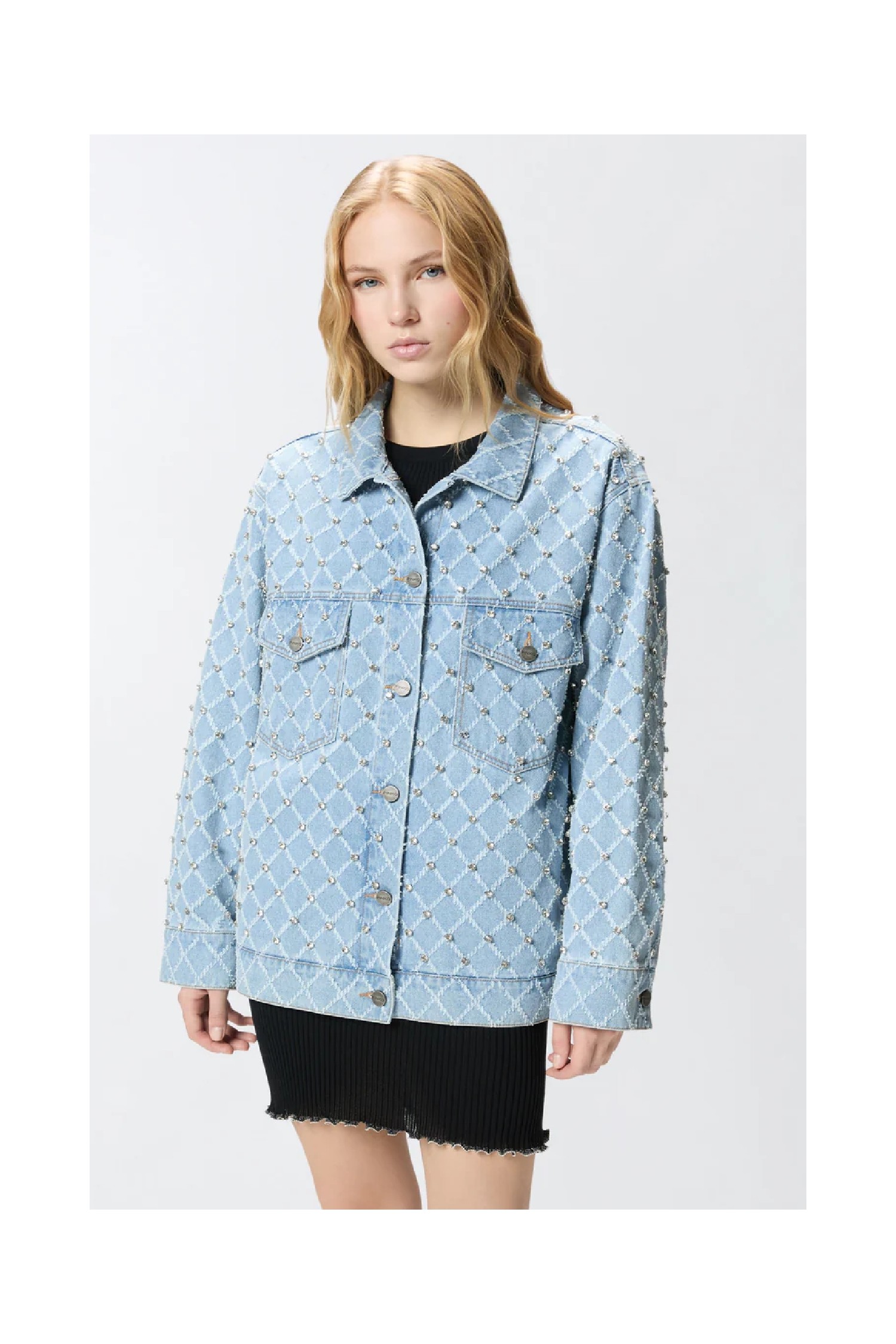 GIUBBINO IN DENIM CON DISEGNO ROMBI E STRASS PINKO