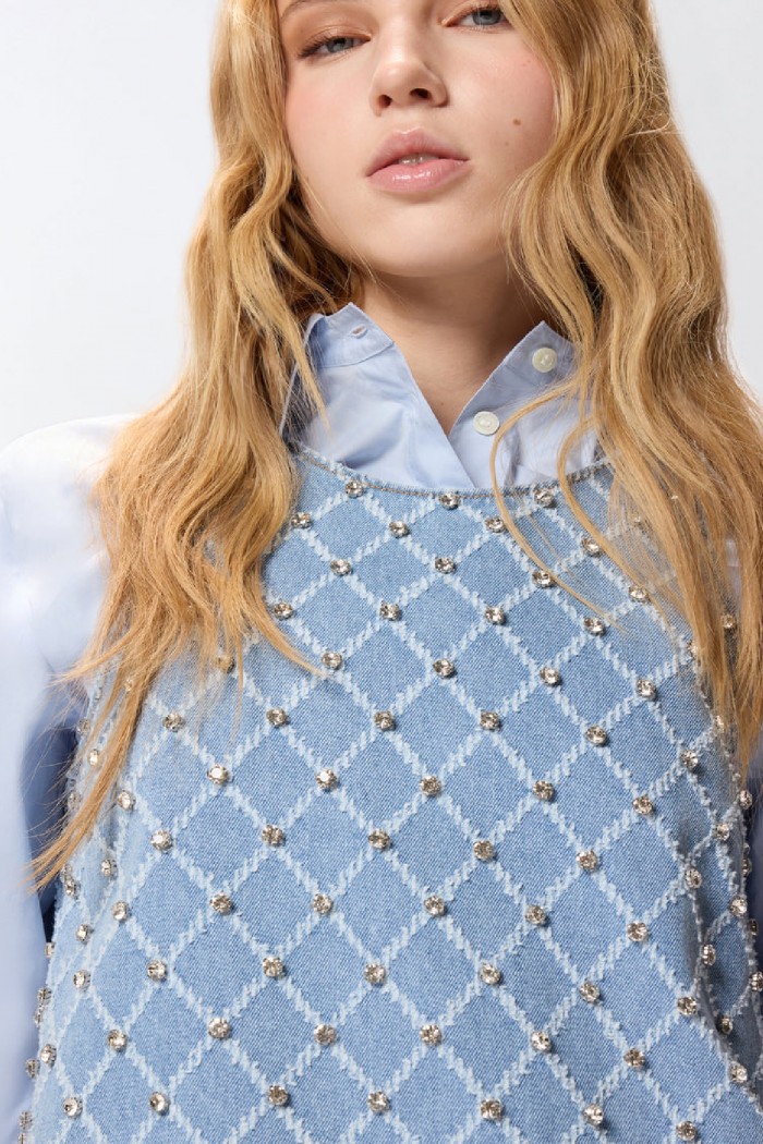 ABITO CORTO IN DENIM CON DISEGNO ROMBI E STRASS PINKO