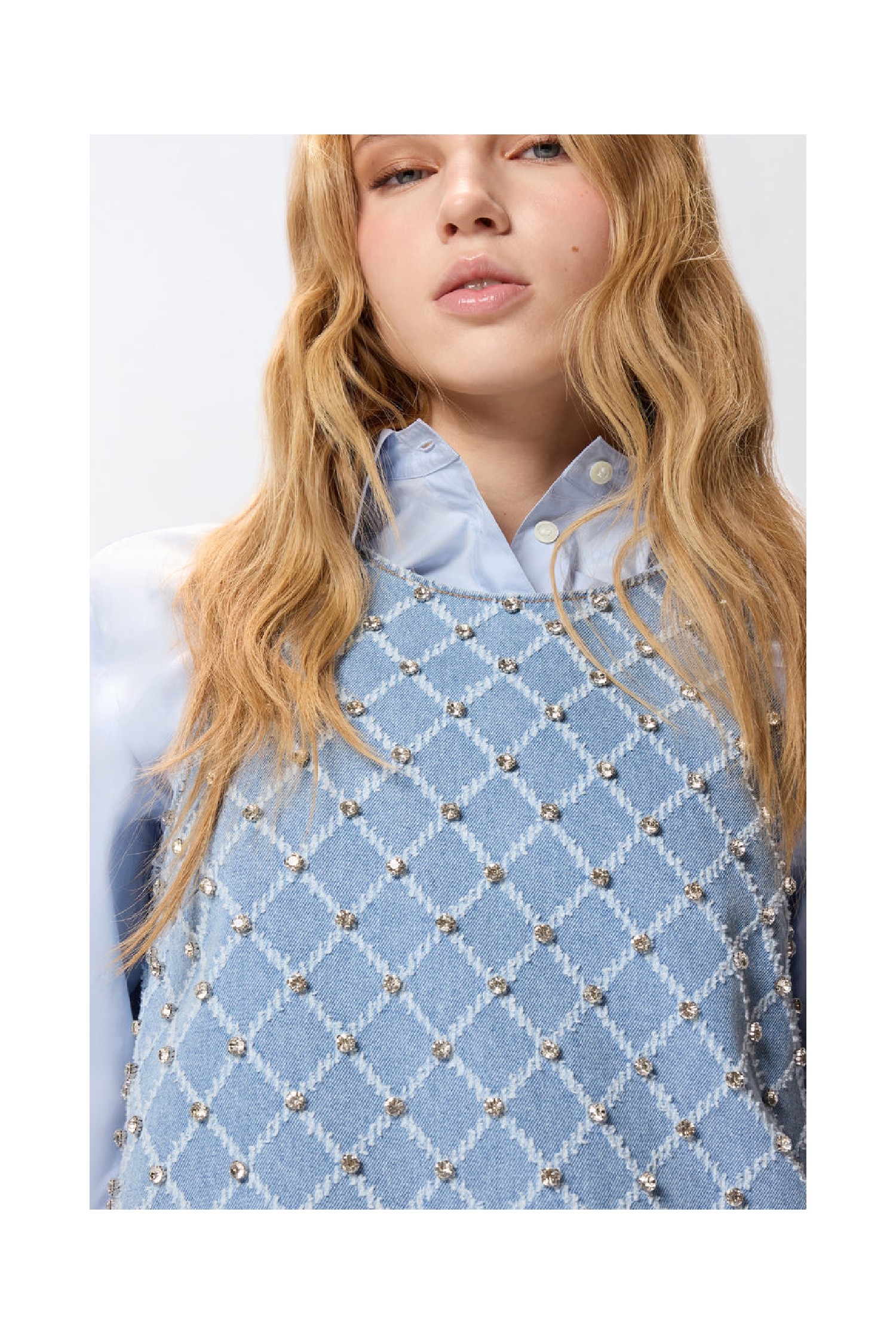 ABITO CORTO IN DENIM CON DISEGNO ROMBI E STRASS PINKO