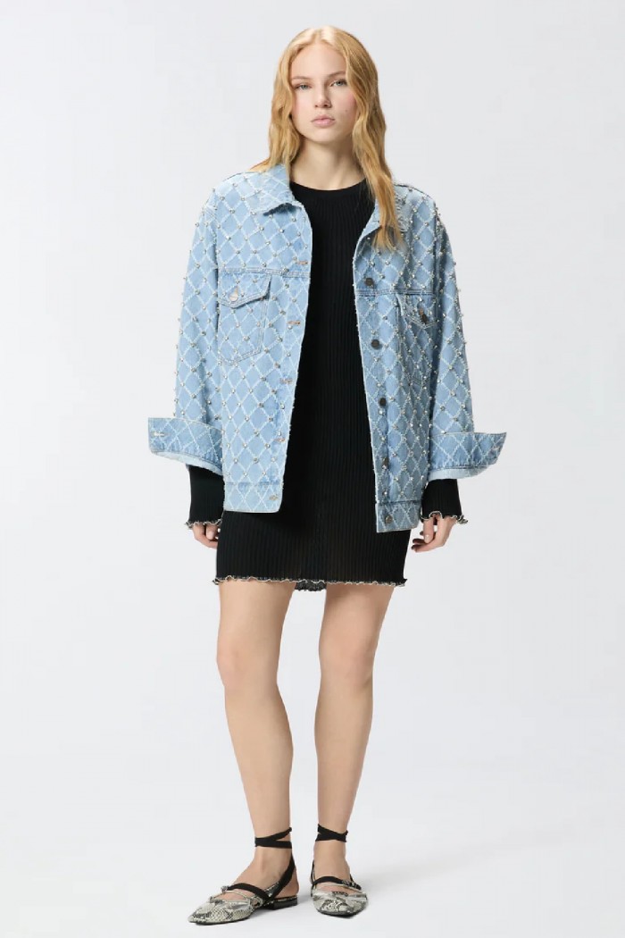 GIUBBINO IN DENIM CON DISEGNO ROMBI E STRASS PINKO