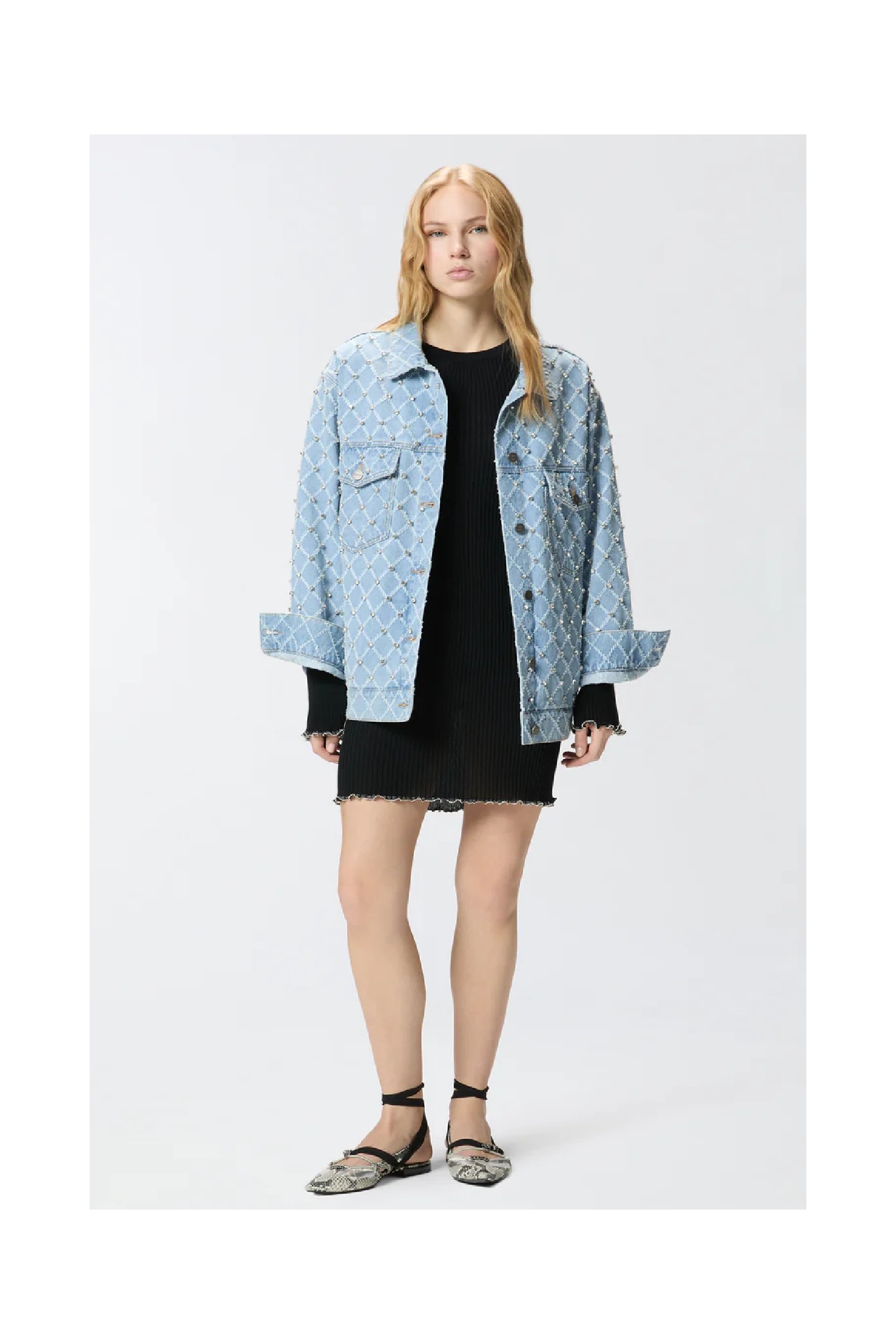 GIUBBINO IN DENIM CON DISEGNO ROMBI E STRASS PINKO