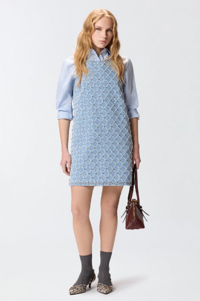 ABITO CORTO IN DENIM CON DISEGNO ROMBI E STRASS PINKO