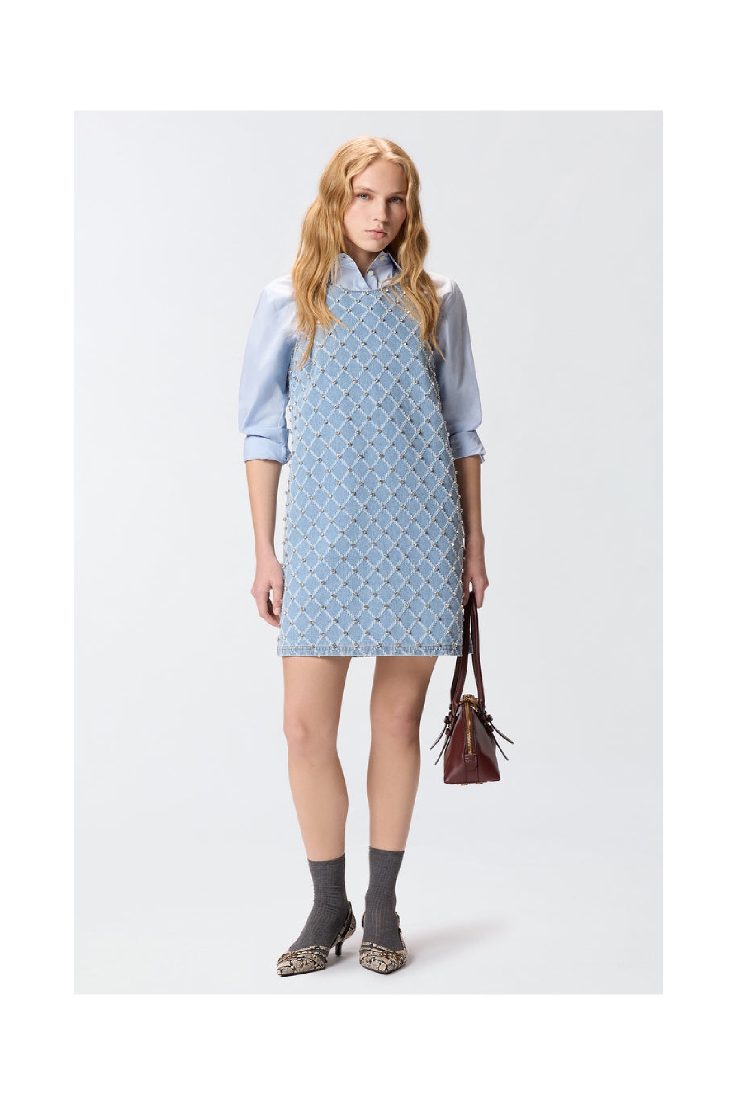 ABITO CORTO IN DENIM CON DISEGNO ROMBI E STRASS PINKO