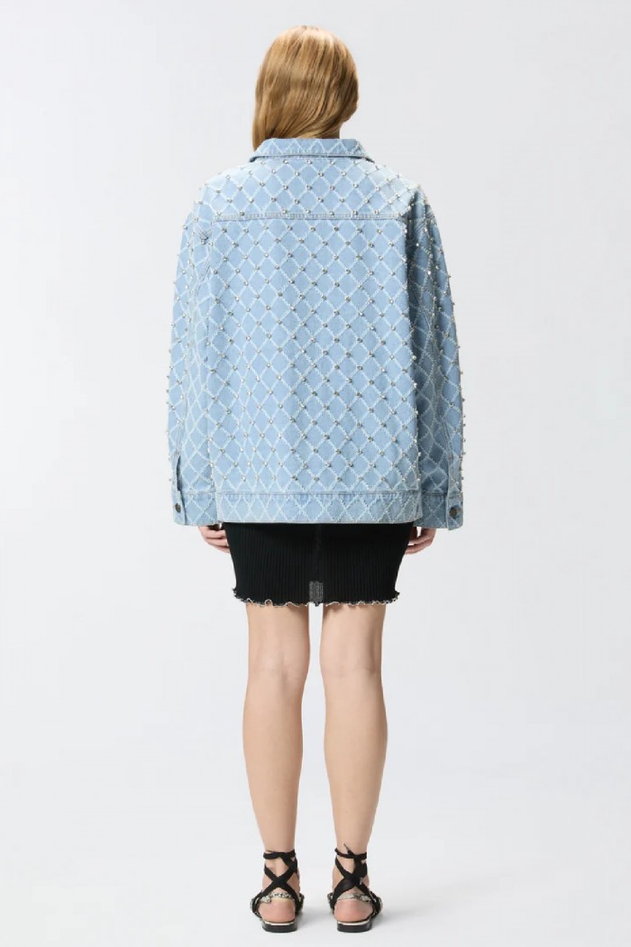 GIUBBINO IN DENIM CON DISEGNO ROMBI E STRASS PINKO