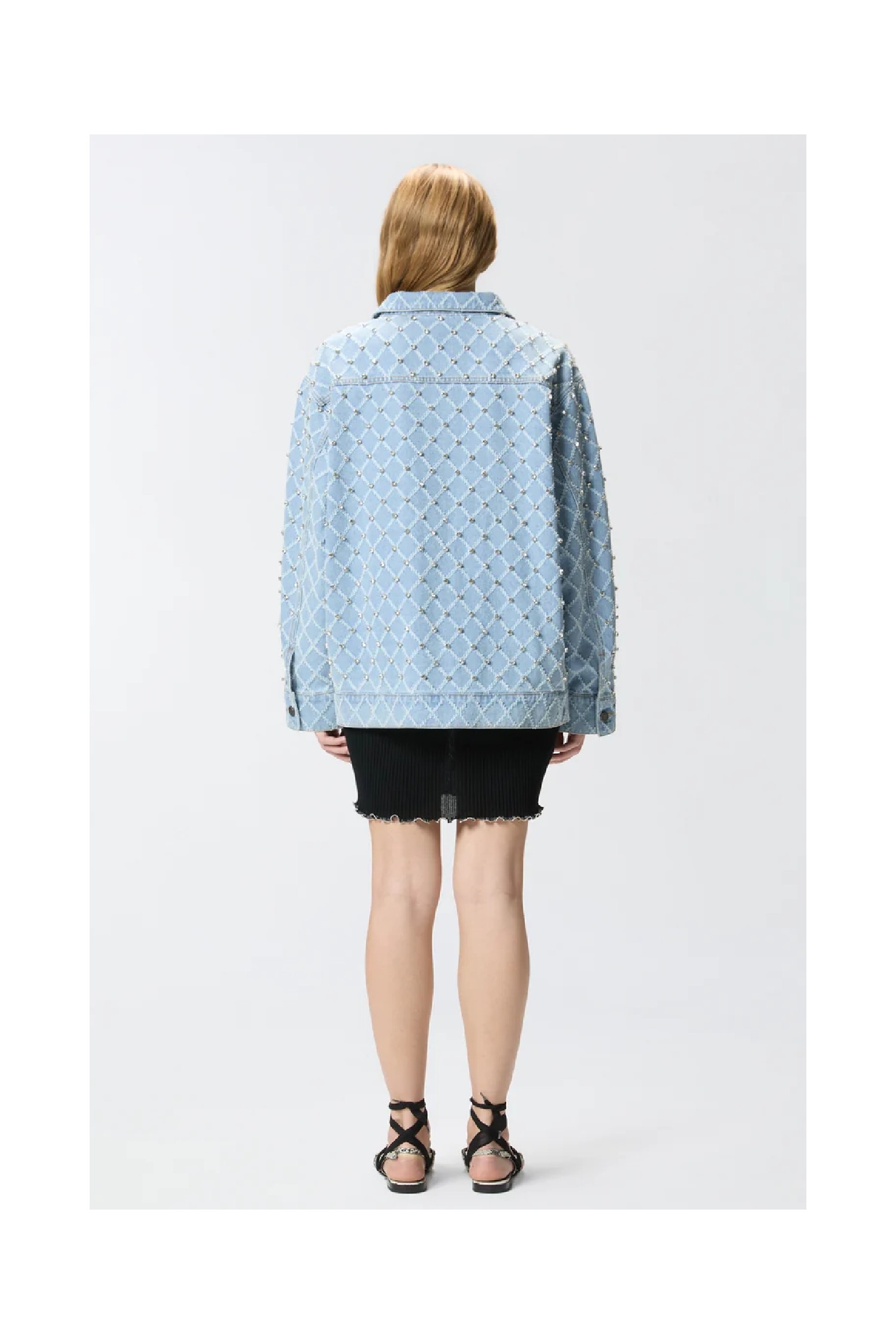 GIUBBINO IN DENIM CON DISEGNO ROMBI E STRASS PINKO