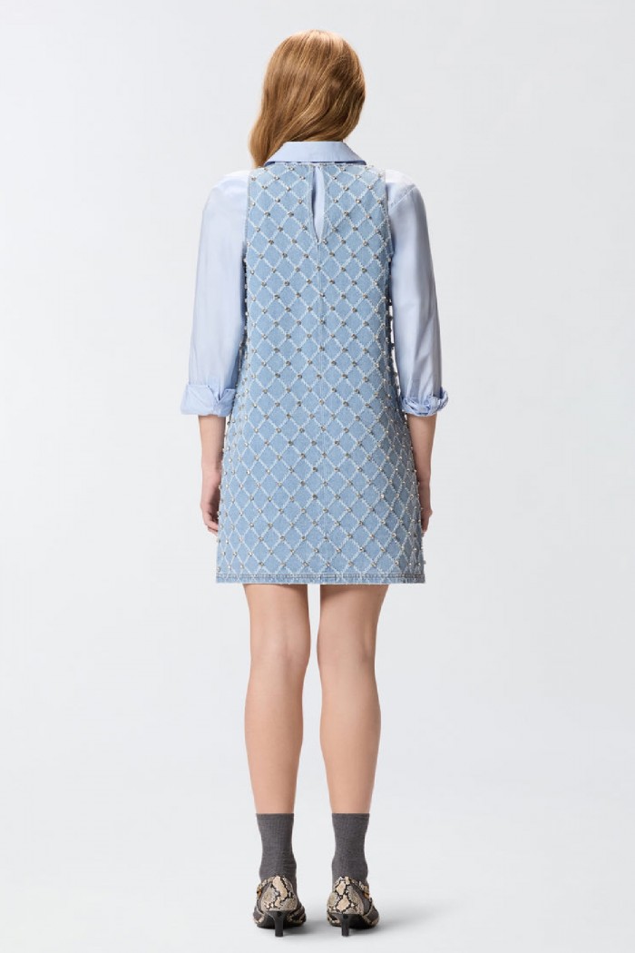 ABITO CORTO IN DENIM CON DISEGNO ROMBI E STRASS PINKO