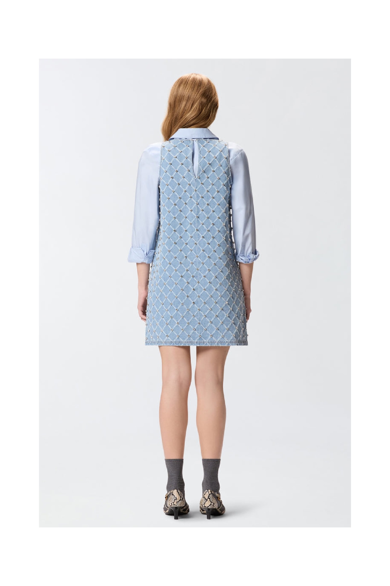 ABITO CORTO IN DENIM CON DISEGNO ROMBI E STRASS PINKO