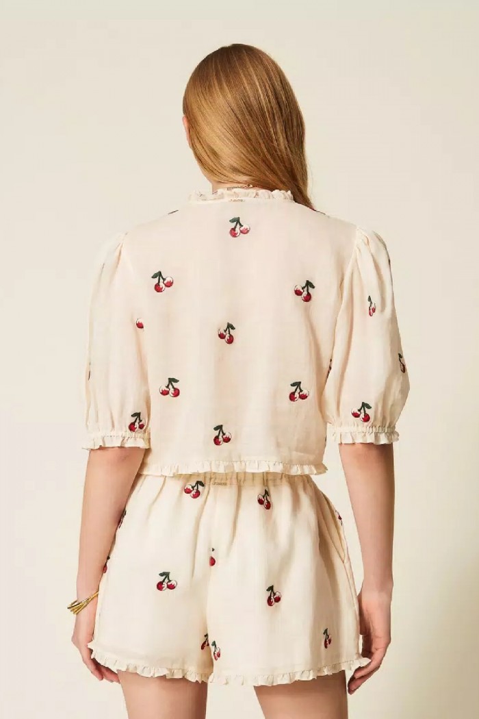 CAMICIA CROPPED IN RAMIE' CON RICAMO CILIEGIE TWINSET