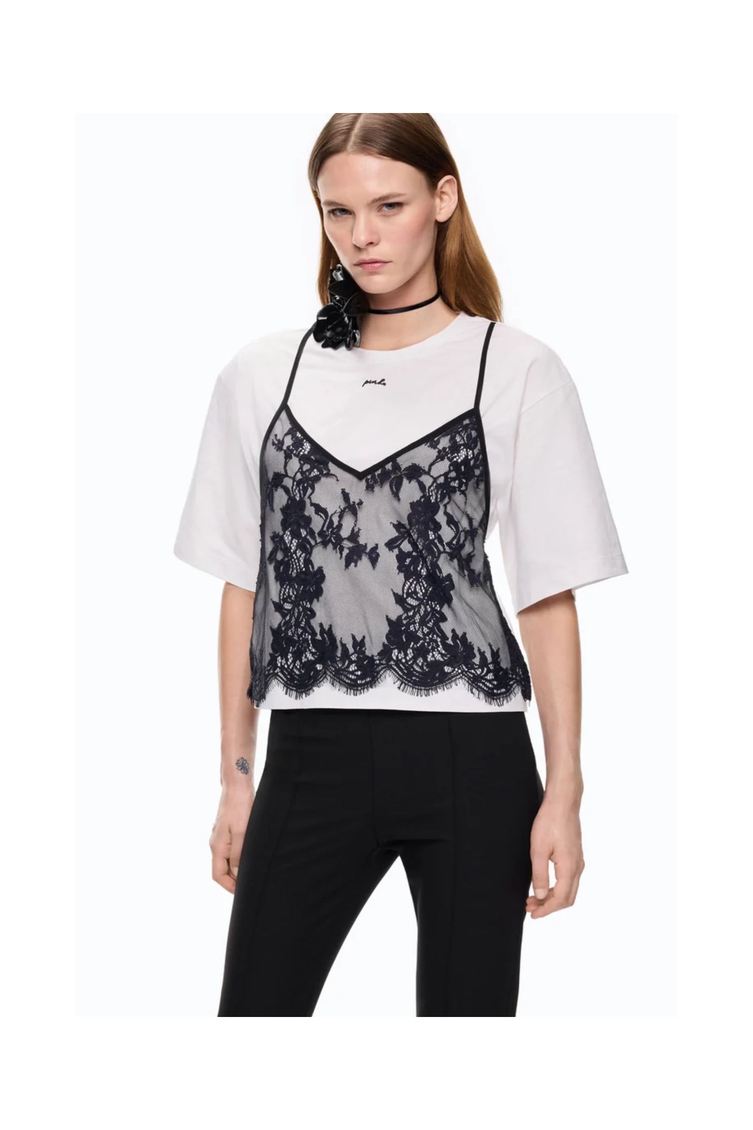 T-SHIRT CON TOP PIZZO JERSEY CON PI PINKO
