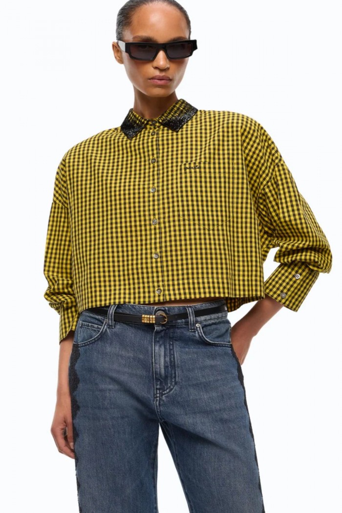 CAMICIA CROPPED A QUADRETTI CON COLLO GIOIELLO PINKO