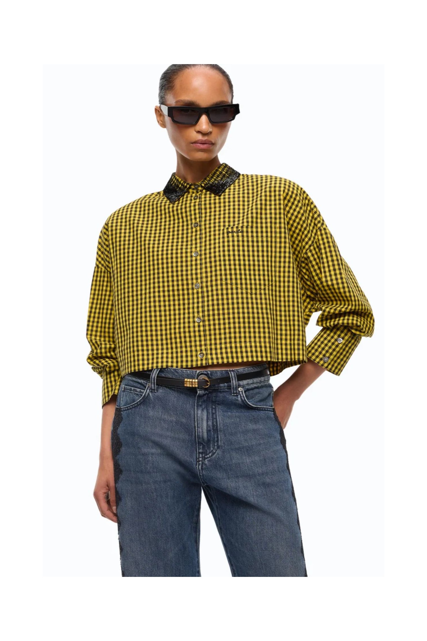 CAMICIA CROPPED A QUADRETTI CON COLLO GIOIELLO PINKO