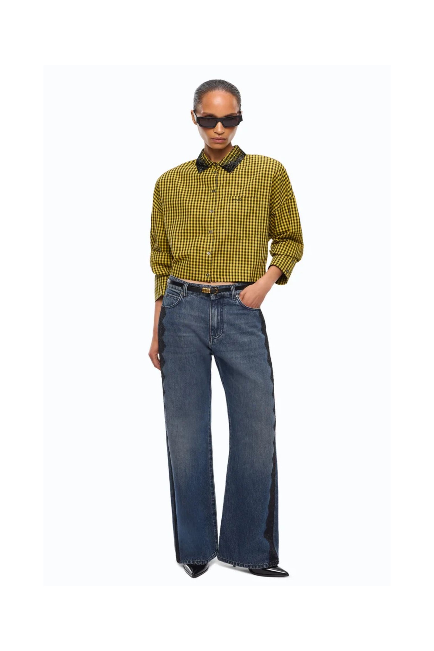 CAMICIA CROPPED A QUADRETTI CON COLLO GIOIELLO PINKO
