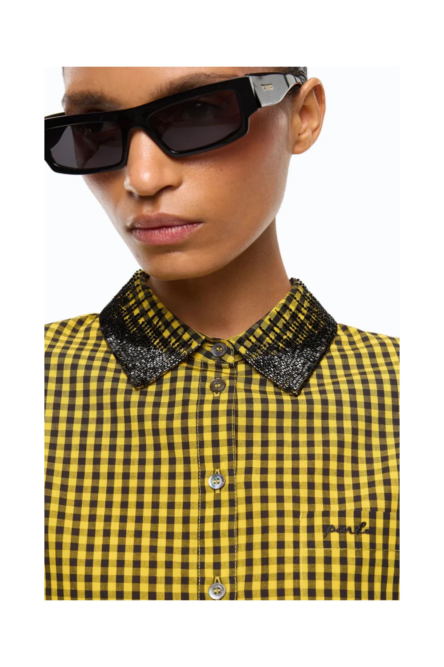 CAMICIA CROPPED A QUADRETTI CON COLLO GIOIELLO PINKO