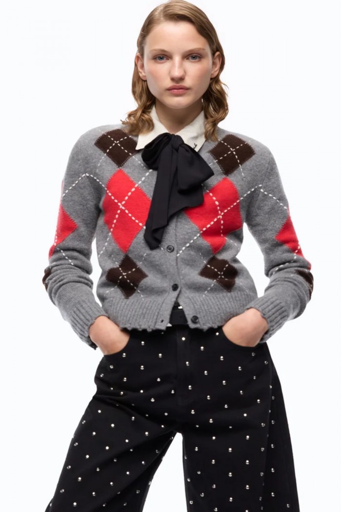 CARDIGAN GIROCOLLO IN LANA E CASHMERE A ROMBI PINKO