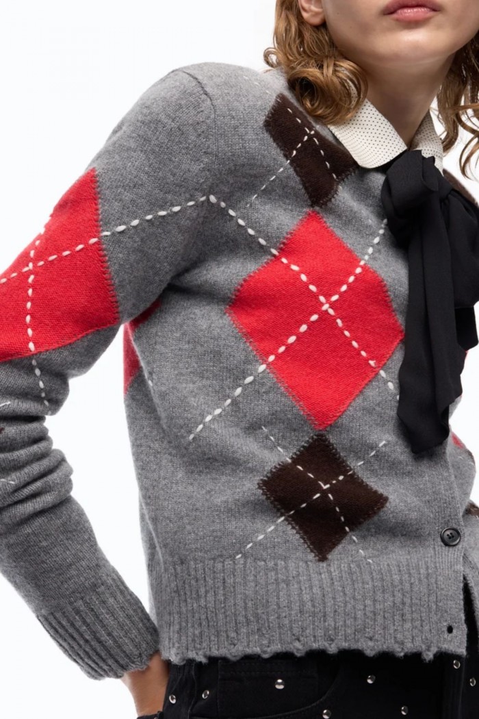 CARDIGAN GIROCOLLO IN LANA E CASHMERE A ROMBI PINKO