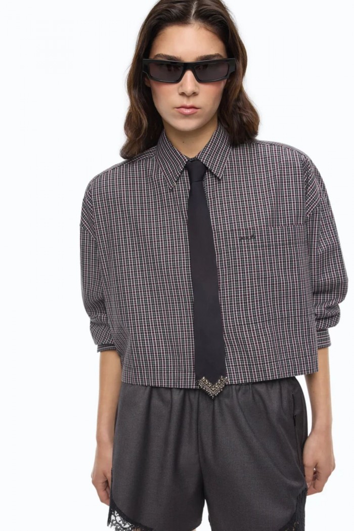 CAMICIA CROPPED A QUADRETTI CON CRAVATTA PINKO