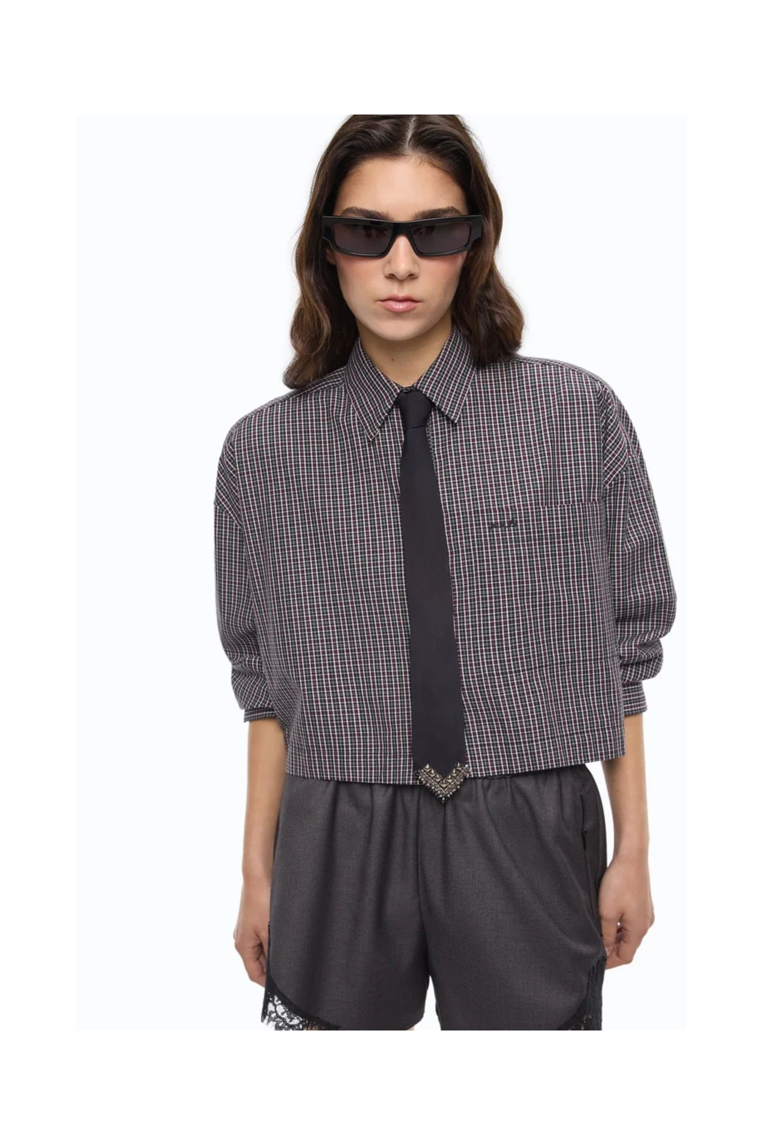 CAMICIA CROPPED A QUADRETTI CON CRAVATTA PINKO