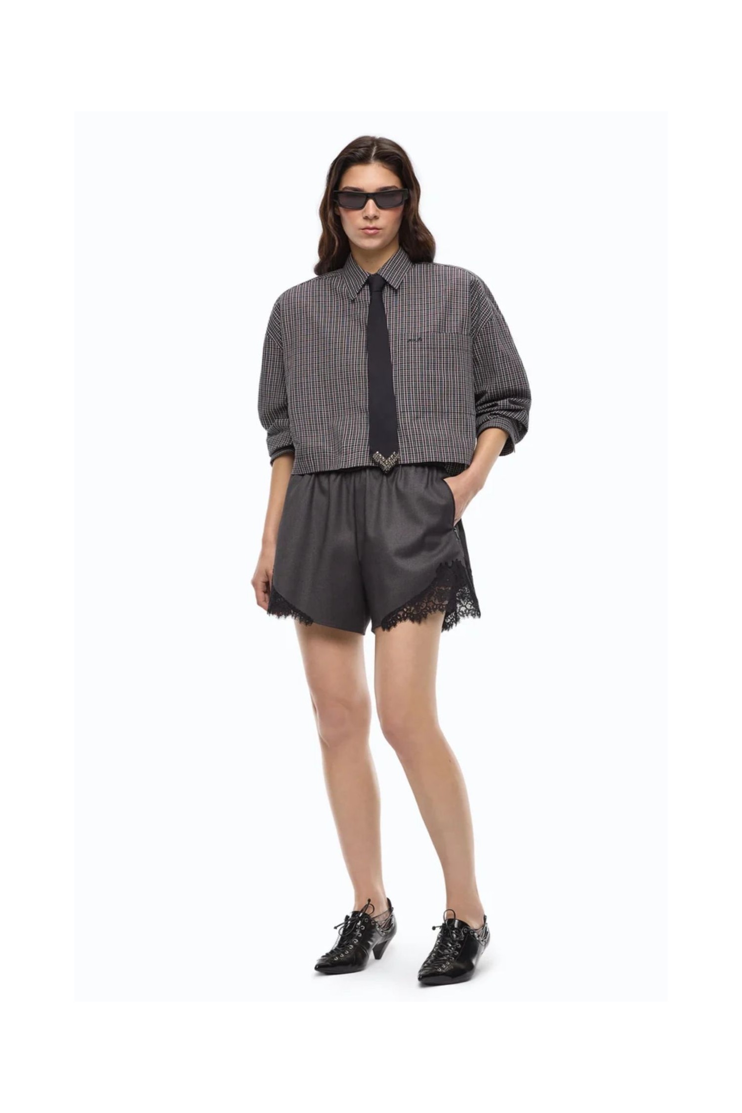 CAMICIA CROPPED A QUADRETTI CON CRAVATTA PINKO